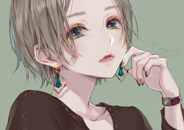 Anime picture 1000x707 with original ao+beni single looking at viewer fringe short hair simple background brown hair signed upper body nail polish parted lips fingernails lips grey eyes dated portrait green background nail art girl