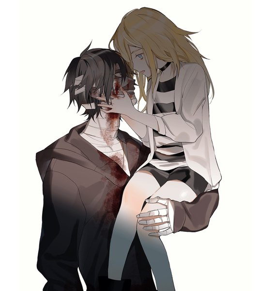 Anime picture 1451x1622 with satsuriku no tenshi ray (satsuriku no tenshi) zack (satsuriku no tenshi) vient long hair tall image fringe short hair open mouth blue eyes black hair simple background blonde hair smile hair between eyes white background brown eyes upper body profile bare legs