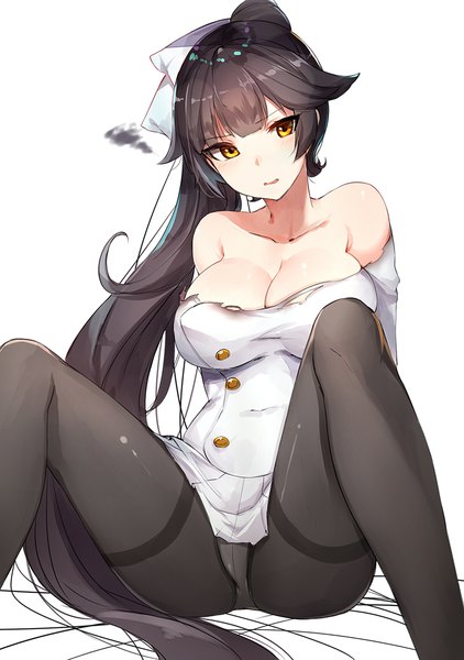 Anime picture 800x1136 with azur lane takao (azur lane) luse maonang single tall image blush fringe breasts open mouth light erotic black hair simple background large breasts white background sitting bare shoulders yellow eyes cleavage bent knee (knees) ponytail