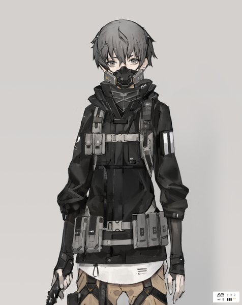 Anime picture 714x900 with original yucca-612 (neco) single tall image looking at viewer fringe short hair simple background hair between eyes standing holding grey hair grey background grey eyes androgynous boy weapon jacket pants mask