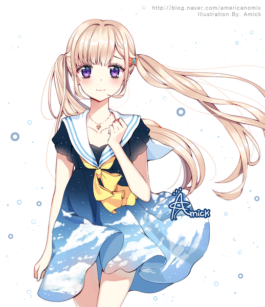 Anime picture 740x857 with koi to uso lidenfilms sanada ririna amick (americanomix) single long hair tall image looking at viewer blush fringe blonde hair white background purple eyes twintails signed wind sky print girl hairclip pendant