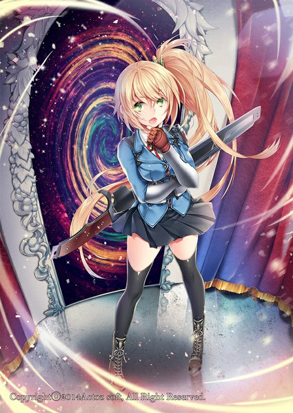 Anime picture 620x875 with million arthur (series) kaku-san-sei million arthur square enix arthur (techno smith) mirunai single tall image fringe open mouth blonde hair green eyes very long hair pleated skirt from above side ponytail lace-up boots girl thighhighs skirt gloves