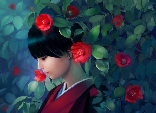 Anime picture 1379x1000 with original hajime (elan787) single fringe short hair black hair blunt bangs traditional clothes parted lips japanese clothes profile lips black eyes realistic looking down girl flower (flowers) kimono leaf (leaves) camellia (flower)
