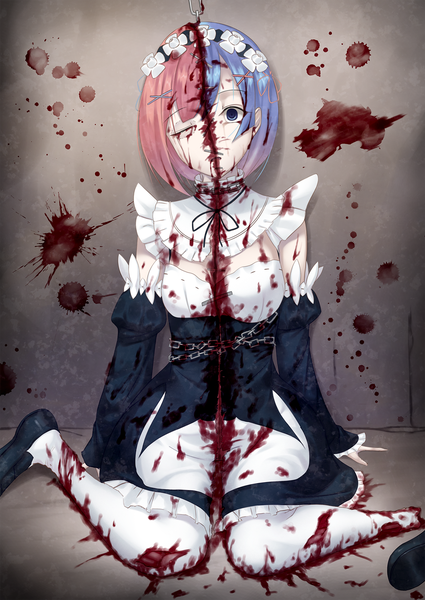 Anime picture 1290x1822 with re:zero kara hajimeru isekai seikatsu white fox rem (re:zero) ram (re:zero) ktbm r18 takayama shirane tall image short hair open mouth blue eyes light erotic simple background sitting multiple girls blue hair pink hair full body one eye closed grey background arm support