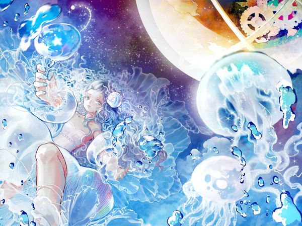 Anime picture 2000x1499 with original miemia single long hair fringe highres blue eyes purple hair tears underwater girl dress detached sleeves white dress bubble (bubbles) beads gears jellyfish