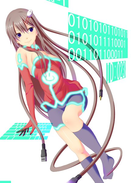 Anime picture 1076x1500 with original ese shinshi single tall image breasts light erotic smile brown hair purple eyes very long hair girl dress gloves hair ornament socks black socks wire (wires) usb