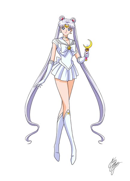 Anime picture 695x960 with bishoujo senshi sailor moon toei animation queen serenity marco albiero single tall image looking at viewer blue eyes simple background standing white background twintails signed silver hair full body very long hair pleated skirt hair bun (hair buns) alternate costume sailor collar