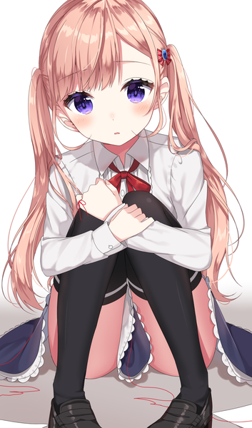 Anime picture 974x1651 with koi to uso lidenfilms sanada ririna izumo neru single long hair tall image looking at viewer blush light erotic simple background blonde hair white background sitting purple eyes twintails head tilt :o girl thighhighs