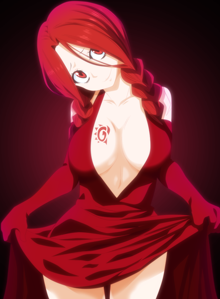 Anime picture 768x1039 with fairy tail flare corona advance996 single long hair tall image breasts light erotic smile red eyes large breasts cleavage red hair braid (braids) tattoo twin braids coloring dark background skirt lift girl