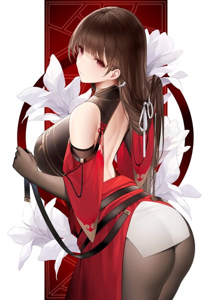 Anime picture 2000x2829 with original an yasuri single long hair tall image fringe highres breasts light erotic hair between eyes red eyes brown hair large breasts looking away ass blunt bangs back adjusting hair bare back arched back