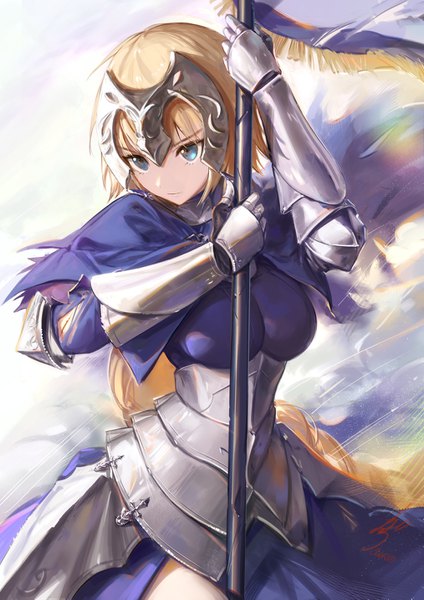 Anime picture 1013x1433 with fate (series) fate/apocrypha jeanne d'arc (fate) (all) jeanne d'arc (fate) hoojiro single long hair tall image blue eyes blonde hair standing holding looking away braid (braids) single braid girl armor banner