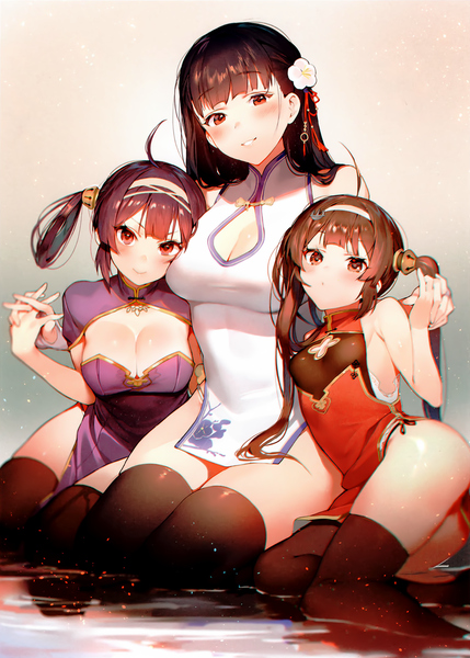 Anime picture 1229x1717 with azur lane ping hai (azur lane) ning hai (azur lane) yat sen (azur lane) jagayamatarawo long hair tall image looking at viewer blush fringe breasts light erotic black hair simple background smile red eyes brown hair large breasts sitting bare shoulders