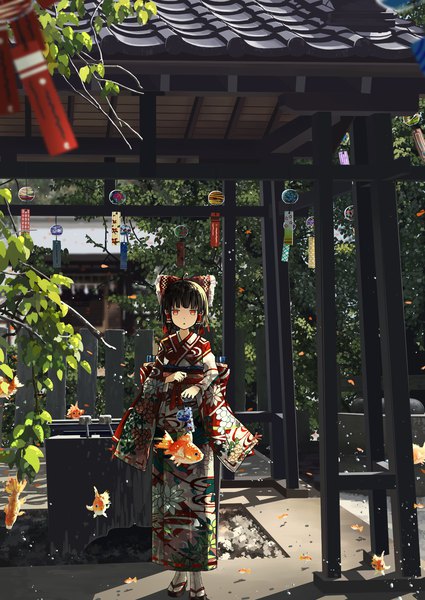 Anime picture 1488x2100 with touhou hakurei reimu koyuki ekaki single tall image looking at viewer fringe short hair black hair red eyes standing full body ahoge outdoors blunt bangs traditional clothes japanese clothes sunlight wide sleeves :o