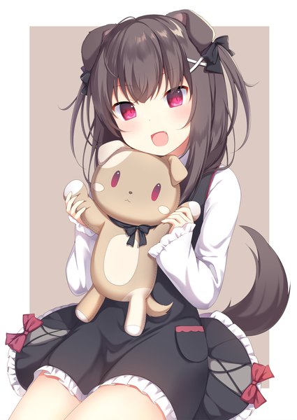 Anime picture 1300x1837 with original nachi single long hair tall image looking at viewer blush fringe open mouth black hair simple background smile sitting holding animal ears tail long sleeves :d animal tail pink eyes