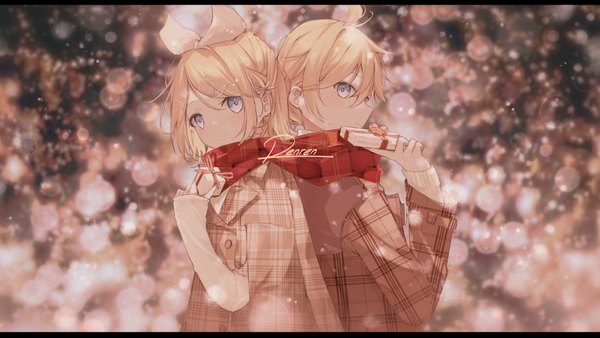 Anime picture 1157x651 with vocaloid kagamine rin kagamine len renren short hair blue eyes blonde hair wide image holding signed upper body letterboxed siblings twins back to back brother and sister shared scarf girl boy ribbon (ribbons)