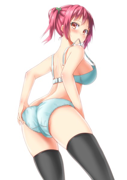 Anime picture 1060x1500 with original alexmaster single tall image blush short hair light erotic simple background red eyes white background red hair looking back underwear only girl thighhighs underwear panties black thighhighs