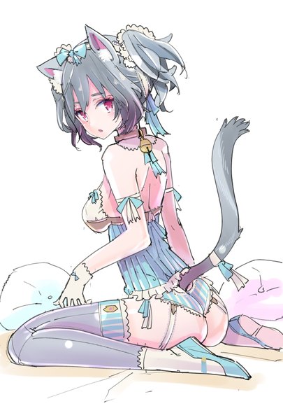 Anime picture 700x1036 with original tajima ryuushi single tall image looking at viewer fringe light erotic black hair simple background red eyes white background sitting twintails animal ears ass tail animal tail looking back cat ears cat tail