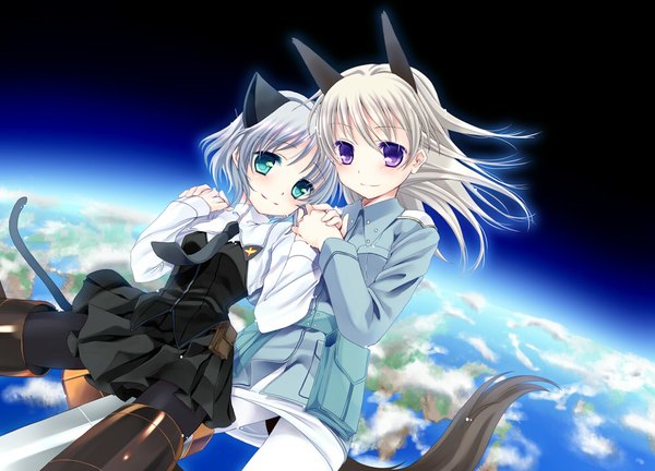 Anime picture 1000x720 with strike witches sanya v. litvyak eila ilmatar juutilainen takachina long hair short hair blue eyes blonde hair purple eyes multiple girls animal ears silver hair animal tail light smile flying girl skirt 2 girls miniskirt necktie