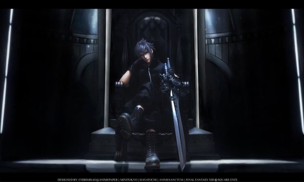 Anime picture 1280x768 with final fantasy final fantasy xiii square enix noctis lucis caelum chibimisao single short hair wide image sitting signed purple hair realistic head rest boy gloves weapon sword boots throne