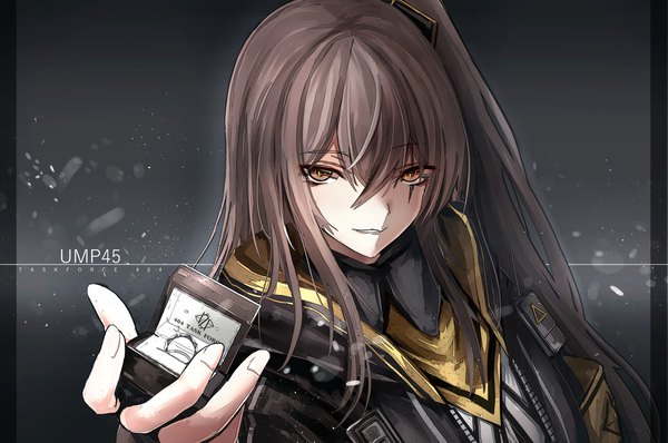 Anime picture 1900x1261 with girls frontline ump45 (girls frontline) haguruma (hagurumali) single long hair looking at viewer fringe highres hair between eyes brown hair holding brown eyes payot upper body parted lips grey background open jacket character names one side up scar