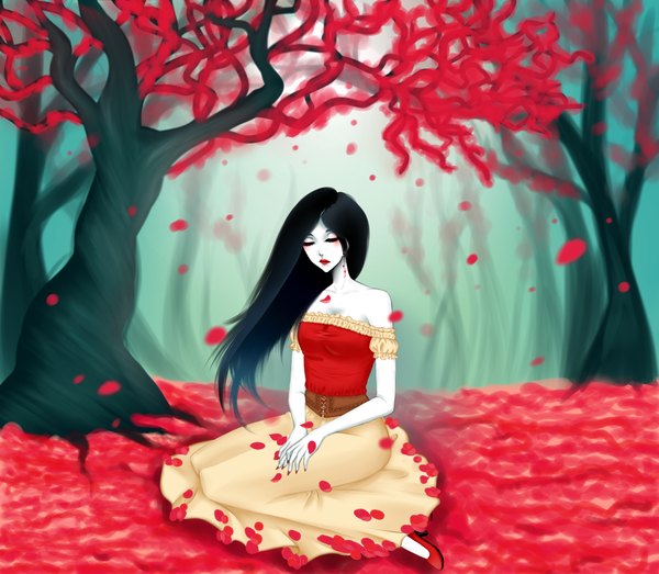 Anime picture 2350x2050 with adventure time marceline (adventure time) eirintomo (artist) single long hair highres black hair sitting bare shoulders eyes closed wind lipstick pale skin eyeshadow girl dress skirt plant (plants) petals tree (trees)