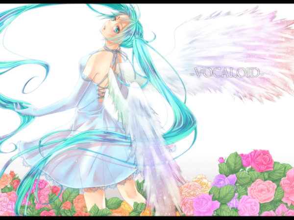 Anime picture 1024x768 with vocaloid hatsune miku shinohara yui (artist) single long hair twintails looking back aqua eyes aqua hair girl dress gloves flower (flowers) wings elbow gloves rose (roses)