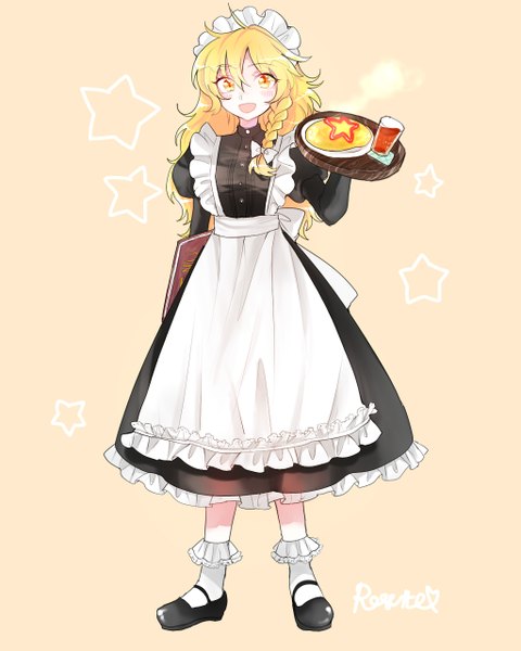 Anime picture 1024x1280 with touhou kirisame marisa rosette (roze-ko) single long hair tall image breasts open mouth simple background blonde hair yellow eyes ahoge braid (braids) puffy sleeves side braid waitress girl socks food shoes