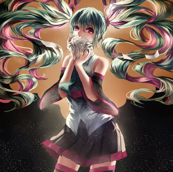 Anime picture 3507x3500 with vocaloid mousou zei (vocaloid) hatsune miku lama-pacos single long hair looking at viewer highres red eyes twintails bare shoulders pink hair absurdres multicolored hair aqua hair two-tone hair zettai ryouiki girl thighhighs skirt