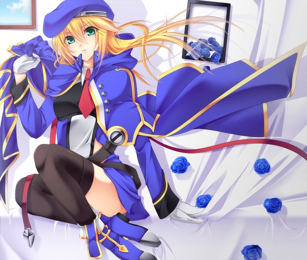 Anime picture 1024x868 with blazblue noel vermillion sayo wini single long hair blonde hair green eyes girl thighhighs gloves flower (flowers) black thighhighs hat necktie rose (roses) cloak blue rose picture frame