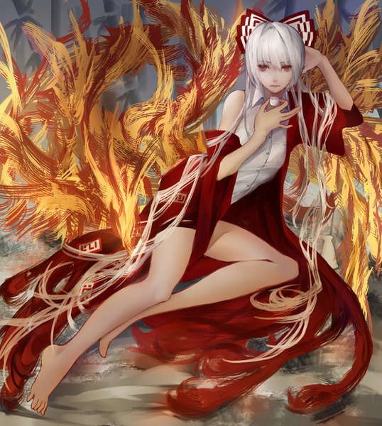 Anime picture 2753x3070 with touhou fujiwara no mokou kelou single tall image fringe highres hair between eyes red eyes full body white hair very long hair bare legs legs expressionless head rest adapted costume bad anatomy girl bow
