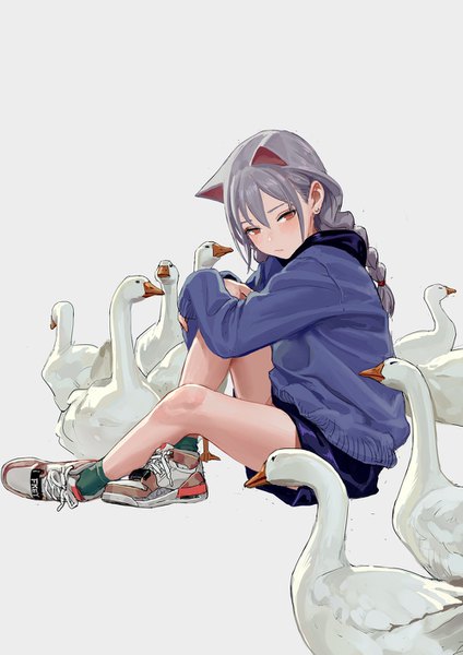 Anime picture 1000x1415 with original feiqizi (fkey) fkey single long hair tall image fringe simple background hair between eyes sitting brown eyes animal ears looking away full body braid (braids) grey hair cat ears grey background twin braids girl