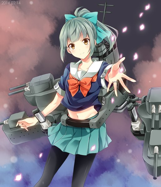 Anime picture 862x1000 with kantai collection yuubari light cruiser kubyou azami single long hair tall image looking at viewer brown eyes ahoge ponytail pleated skirt grey hair outstretched hand girl skirt navel bow weapon hair bow miniskirt