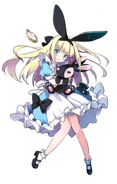 Anime picture 764x1200 with virtual youtuber nijisanji mononobe alice hayakawa harui single long hair tall image looking at viewer fringe open mouth simple background blonde hair white background full body aqua eyes knees touching blush stickers girl bow hair bow