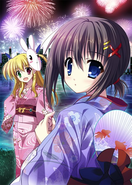 Anime picture 715x1000 with mahou shoujo lyrical nanoha mahou shoujo lyrical nanoha strikers yagami hayate takamachi vivio endori long hair tall image blush short hair blue eyes black hair blonde hair multiple girls traditional clothes japanese clothes loli heterochromia mask on head river fireworks