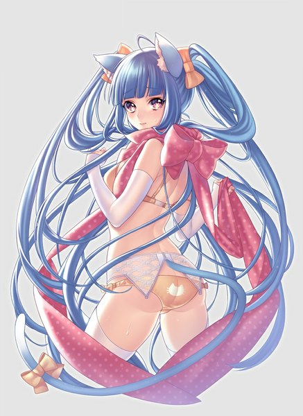 Anime picture 735x1007 with original senchat tall image looking at viewer fringe light erotic twintails animal ears blue hair tail very long hair animal tail pink eyes looking back from behind cat ears grey background cat girl cat tail polka dot