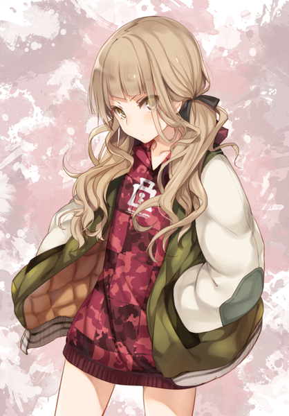 Anime picture 558x800 with sinoalice little red riding hood (sinoalice) teroru single long hair tall image looking at viewer blush fringe simple background hair between eyes brown hair standing twintails brown eyes open jacket bare legs low twintails wavy hair hands in pockets