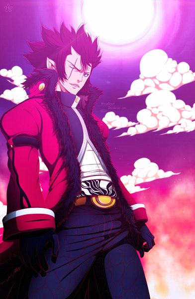 Anime picture 980x1500 with fairy tail cobra (fairy tail) hyugasosby single tall image short hair black hair sky cloud (clouds) one eye closed pink eyes light smile wink coloring scar boy gloves fur pants sun