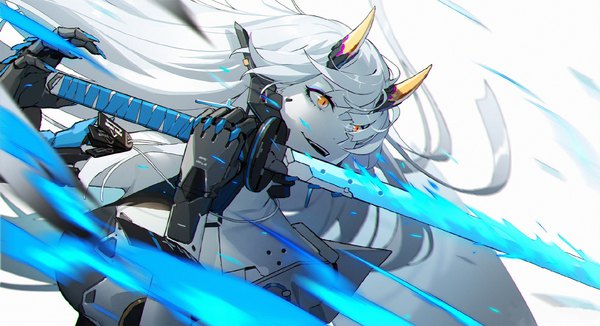 Anime picture 1990x1080 with punishing: gray raven alpha (punishing: gray raven) lucia: crimson abyss (punishing: gray raven) q9q single long hair fringe highres wide image looking away silver hair upper body horn (horns) orange eyes oni horns mechanical arms girl weapon sword katana