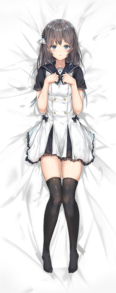 Anime picture 1491x3771 with original na kyo single long hair tall image looking at viewer blush fringe open mouth hair between eyes brown hair green eyes full body lying pleated skirt arms up short sleeves on back no shoes thigh gap