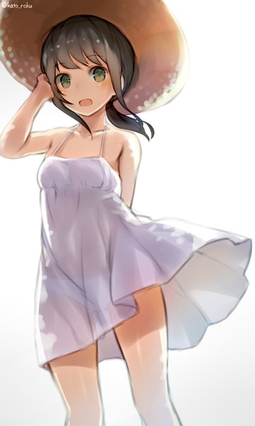 Anime picture 2400x4000 with kantai collection fubuki destroyer katoroku single tall image looking at viewer blush highres short hair open mouth light erotic brown hair green eyes wind alternate costume twitter username girl hat transparent clothing sundress