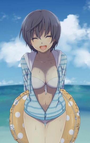 Anime picture 550x867 with original mattaku mousuke single tall image fringe short hair breasts open mouth black hair smile large breasts standing holding sky cloud (clouds) eyes closed wet beach hands behind back striped