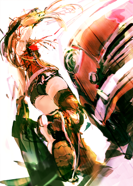 Anime picture 1100x1539 with original so-bin single long hair tall image from behind from below dutch angle sketch girl thighhighs black thighhighs shorts short shorts ground vehicle car