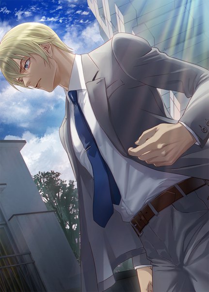 Anime picture 1000x1391 with detective conan amuro tooru panmijin99 single tall image fringe short hair blue eyes blonde hair hair between eyes standing looking away sky cloud (clouds) outdoors long sleeves profile sunlight open clothes dutch angle