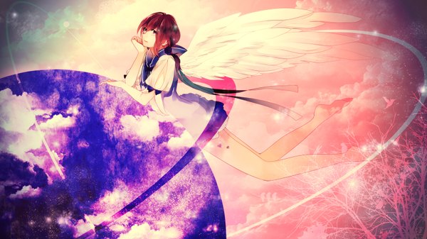 Anime-Bild 1440x810 mit original momoiro oji single long hair looking at viewer fringe brown hair wide image brown eyes sky cloud (clouds) barefoot bare legs hand on chest white wings angel girl dress ribbon (ribbons) plant (plants)