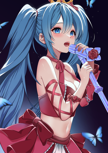 Anime picture 2480x3508 with project diva vocaloid hatsune miku milk green tea single long hair tall image blush fringe highres breasts open mouth blue eyes light erotic smile hair between eyes twintails bare shoulders blue hair looking away