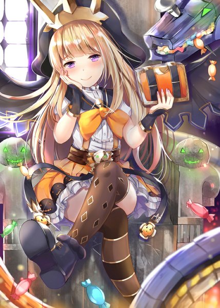 Anime picture 740x1035 with original konka single long hair tall image looking at viewer fringe blonde hair smile sitting purple eyes indoors head tilt arm up fingernails arm support crossed legs different thighhighs girl thighhighs