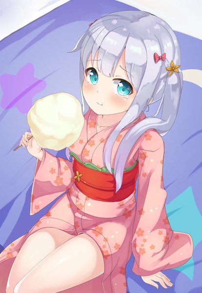 Anime-Bild 2559x3710 mit eromanga sensei a-1 pictures izumi sagiri 2drr single long hair tall image looking at viewer highres blue eyes sitting twintails silver hair traditional clothes japanese clothes from above legs floral print girl food