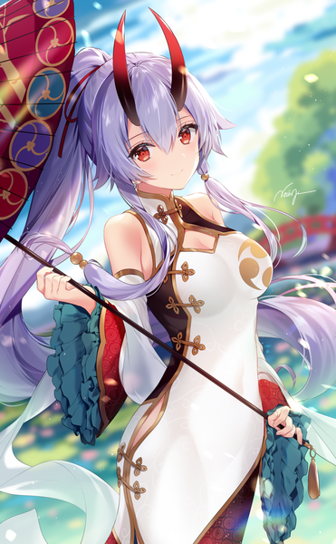 Anime picture 1000x1615 with fate (series) fate/grand order tomoe gozen (fate) necomi (gussan) single long hair tall image looking at viewer blush fringe breasts smile hair between eyes red eyes standing bare shoulders holding signed payot sky
