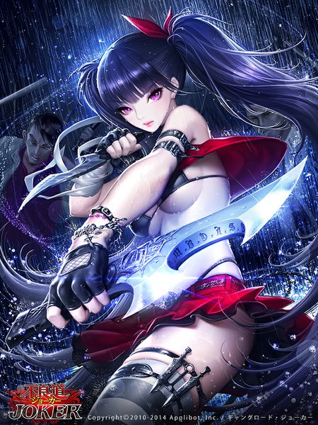 Anime picture 650x867 with joker ~gang road~ dadachyo single long hair tall image breasts light erotic black hair twintails pink eyes girl thighhighs boy skirt gloves miniskirt fingerless gloves striped thighhighs bikini top knife