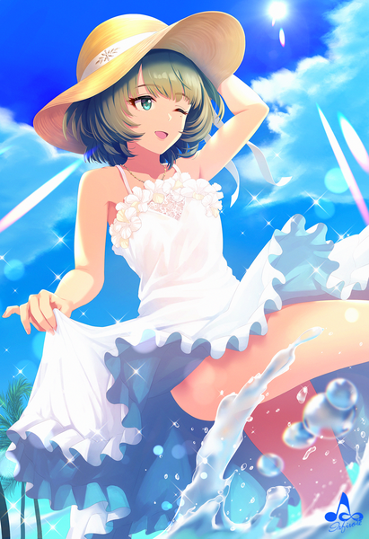 Anime picture 1262x1839 with idolmaster idolmaster cinderella girls takagaki kaede infinote single tall image fringe short hair open mouth light erotic signed looking away sky cloud (clouds) one eye closed aqua eyes green hair mole sparkle from below